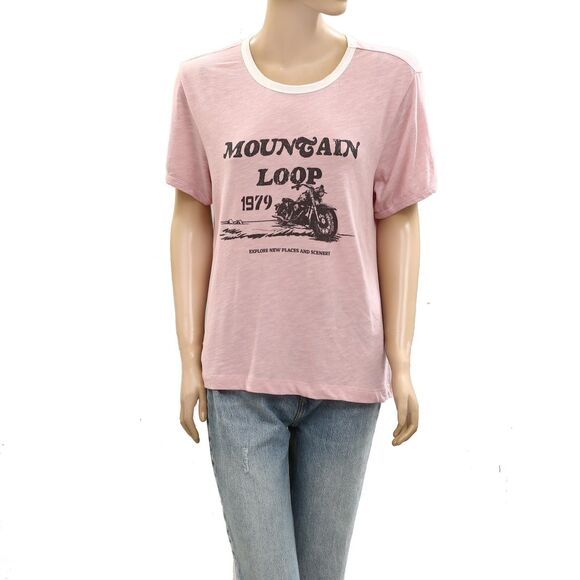 Pilcro Anthropologie Mountain Loop Ringer Tee Blouse Top Printed Pink XS 278102 - Picture 5 of 8